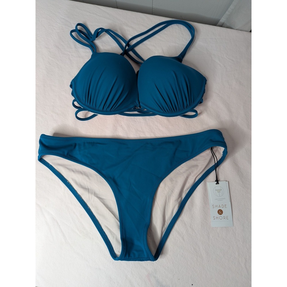 Shade Shore Ocen Blue womens S bikini bathing suit low cheeky bottoms pushup top